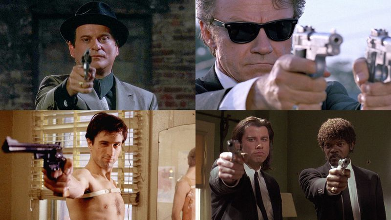 Clockwise from top left: Joe Pesci in Goodfellas; Harvey Keitel in Reservoir Dogs; John Travolta and Samuel L. Jackson in Pulp Fiction; Robert De Niro in Taxi Driver